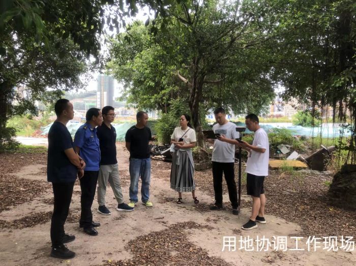 陈霞（右三）在用地协调现场