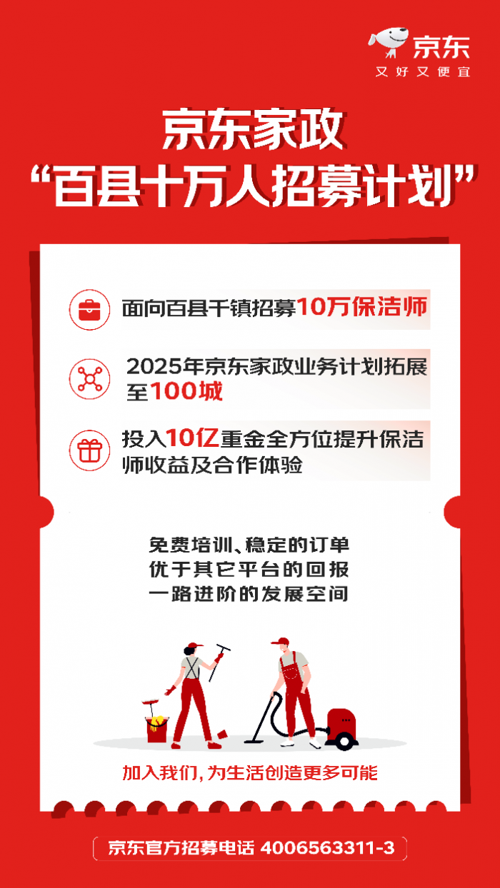 京东家政开启“百县十万人招募计划” 投入10亿元提升保洁师收益及合作体验亿百体育官网(图1)